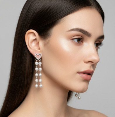 AJKER ANONNA Silver Heart Shape Long Pearl Drop Earrings for Women & Girls| Party Typ Earring Metal Drops & Danglers