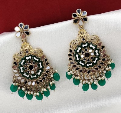 Orbis Long and Big Earrings -Green Beads Alloy Chandbali Earring