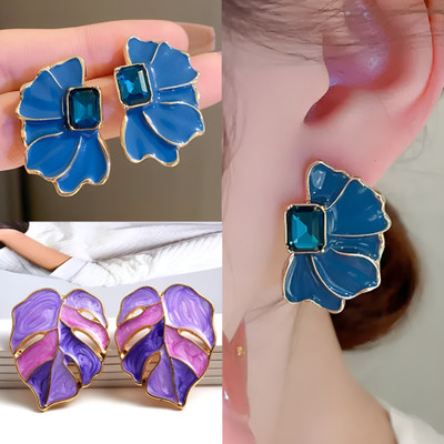 BLINGEE Korean Earrings Combo For Women Girls Floral Flower Stylish Trending Trendy Crystal Alloy Earring Set, Stud Earring