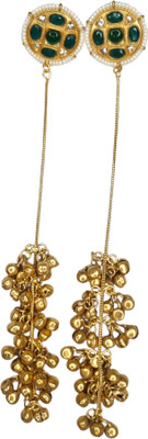 Sajobhi Sajobhi Kashmiri Long Dangle Earrings Green Stone Studs & Ghungroo Beads Brass Drops & Danglers, Tassel Earring