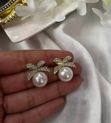 JMBW INTERNATIONAL Women's Bow Pearl Earrings Pearl Alloy Stud Earring