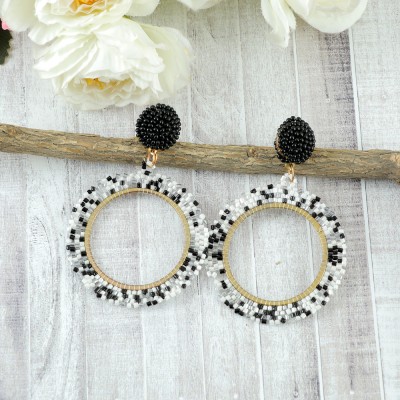 Jewelgenics Gold-Plated Handcrafted Black& White Beaded Earrings Beads Alloy Drops & Danglers, Hoop Earring