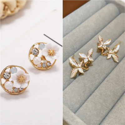 IEEP Korean Earrings Combo for Girls | Pack of 2 Floral Studs & Butterfly Hoops Crystal Alloy Stud Earring