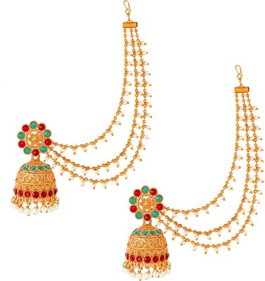 Vermont Gold Plated Bahubali Kundan & Pearl Chain Jhumki Earring Brass, Alloy Jhumki Earring