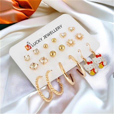 Lucky Jewellery LUCKY JEWELLERY 9 Pairs Combo Set Of Earring for Women & Girls (175-CHEX-1158-9) Metal Earring Set