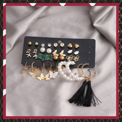 TheVineGirl 17 Pair Pearl Hoop and Butterfly Heart Stud Earrings Pearl Alloy Stud Earring