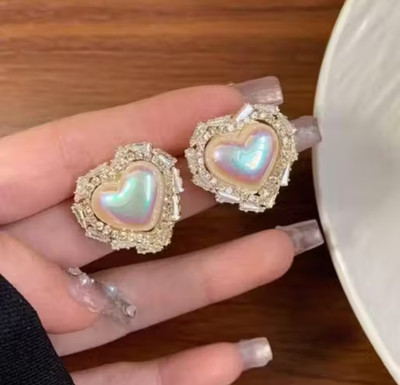 LOVIA BY HM WHITE PEARL HEART STUDS FOR GIRLS, KOREAN EARRINGS, CRYSTAL STUDS Cubic Zirconia, Crystal Alloy, Brass Rhinestone Studs, Stud Earring