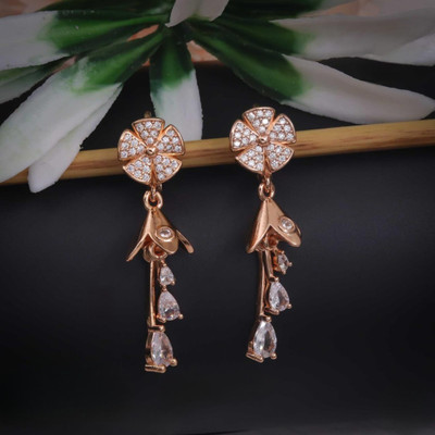 immitation Rose Gold Pave Flower Stud & Teardrop Dangler Earrings Metal Stud Earring