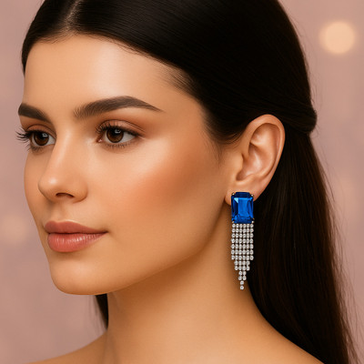 ZuriFinds Glamorous Deep Blue Stone Chandelier Earrings Pearl Alloy Plug Earring