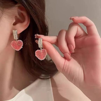 Vembley Korean Pink Love Heart Crystal Drop Earrings For Women And Girls Crystal Alloy Drops & Danglers