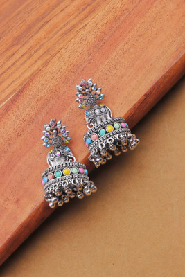 BUMBERELL Oxidised Multi-Color Stone Temple Design Jhumka Earrings for Women & Girls Ruby Alloy Jhumki Earring
