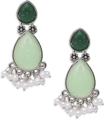 Oomph Mint Green Ethnic Drop Earrings - Engraved Jaipur Stones - Beads, Crystal Alloy Drops & Danglers