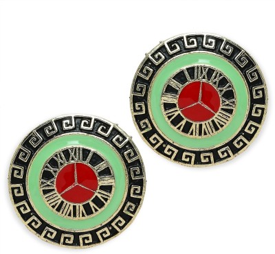 fabula Mint Green & Red Meenakari Enamel Stud Earrings - Indo-Western Circular Design Beads, Crystal Alloy Stud Earring
