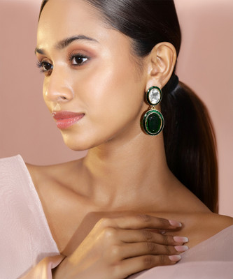 RUBANS Rubans 22K Antique Gold Plated Crystal Studded Green Enamel Dangle Earring Brass Stud Earring