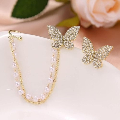 Limine Jewels Butterfly Ear Cuff Crawler AD & Pearl Chain Drop Stud Earrings For Girls Women Brass Ear Thread