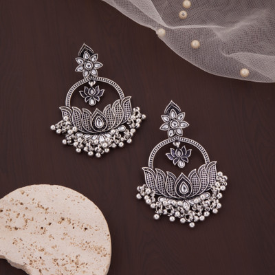 GC PREMIUM JEWELLERY Women's Oxidised Lotus Design Chandbali Stud Earring For Girl And Women Brass Stud Earring, Chandbali Earring, Earring Set