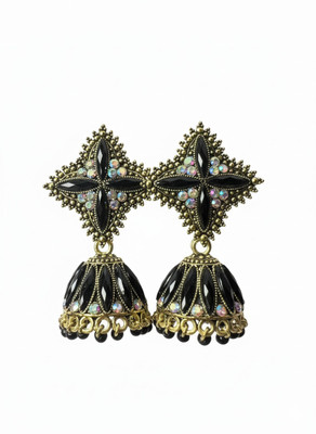 ZuriFinds Modern Ethnic Studded Black Pearl Oxidized Jhumka Pearl Alloy Jhumki Earring