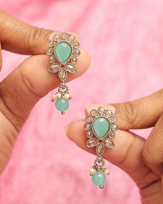Saloni Fashion Jewellery Oval and Leaf Design Gold Plated Sky Blue Kundan Stone Dangle Earring Cubic Zirconia Alloy Drops & Danglers