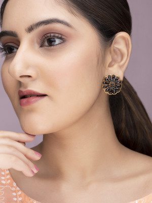 RUBANS Gold Toned Black Stone Floral Studs Alloy Stud Earring