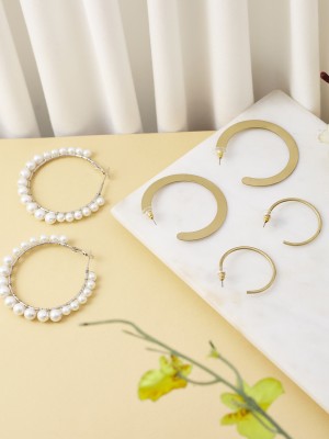 Atibelle Gold-Toned Circular 3-in-one Hoop Earrings Set Pearl Brass Earring Set