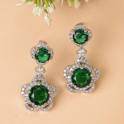 ZENEME Rhodium Plated Green American Diamond Studded Luminiscence Blosson Crystal Drop Brass Stud Earring