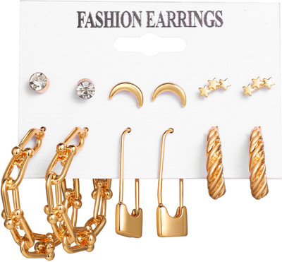 Oulik Earrings for Women and Girls Fashion Golden Hoops Stud Combo of 6 Pairs Alloy Earring Set