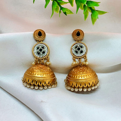 Neeara Fashion Stylish Gold Plated Jhumka Earrings for Women (Golden with Black stone) Alloy Jhumki Earring