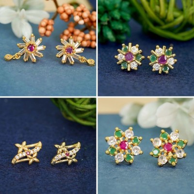 RAMDEV ART FASHION JEWELLERY Luxurious 22K Gold Plated Earring Studs 4 Unique Designs Diamond Brass Earring Set