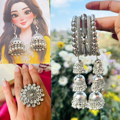 Ashir combo 3 Oxidised jhumki and openable brecelet with Ring for women and girls Alloy Jhumki Earring