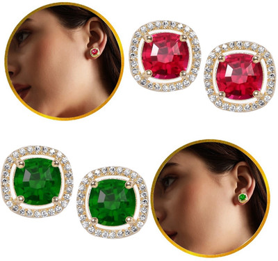 THANU'S CRAFT Elegant Gold Plated Cubic Zirconia Square Stud Piercing Ear Earrings Studs Combo Metal Stud Earring