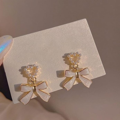 MAHADEV CREATION Korean White Bow Stone Earrings Crystal Alloy Stud Earring