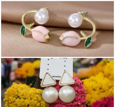 Sabita fashion Pack of 2 korean western tulip pearl stud drop earring4women/girl.cubic zirconia Alloy Stud Earring, Hoop Earring