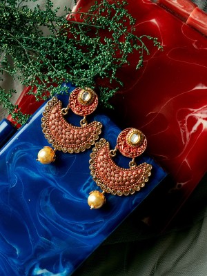 ANOUK Gold-Plated & Red Handcrafted Crescent Shaped Chandbalis Brass Drops & Danglers