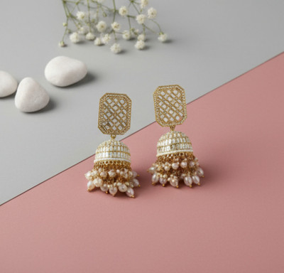 DHVANI Elegant Pearl & Gold Jhumka Earrings Beads Alloy Chandbali Earring