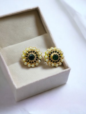 Rekha Jewellery Round Flower 58 Green Pearl, Diamond Copper Stud Earring