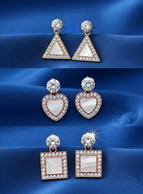desi drapes Korean Geometric Combo Earrings Set for Women – Square, Triangle & Heart Design Cubic Zirconia Alloy Drops & Danglers