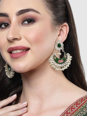 Karatcart Gold Plated Lotus Design Green and Peach Meena Kundan Dangler Earrings for Women Alloy Drops & Danglers