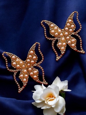 Dressberry Gold Tone Pearl Butterfly Party Wear Fashion Large Stud Beads, Crystal Alloy Stud Earring