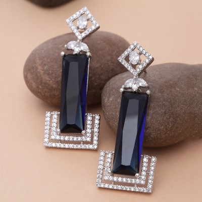 ZENEME Navy Blue American Diamond studded Rectangular Shaped Stud Earrings Cubic Zirconia Brass Stud Earring