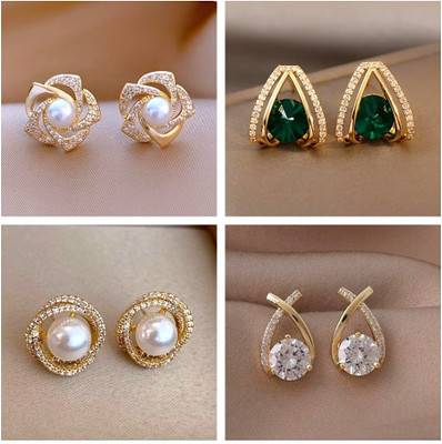 Tiso Pack of 4 Stylish Gold Stone Pearl Stud Tops Earrings Women Girls Light weight Crystal, Cubic Zirconia, Pearl Alloy, Brass, Stone Drops & Danglers, Earring Set, Hoop Earring, Rhinestone Studs, Stud Earring