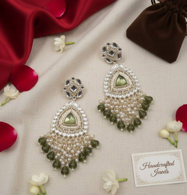 Fabuza Kundan & Pearl Chandbali Earrings with Green Beads – Ethnic Dangler Earrings | Pearl, Crystal Alloy Chandbali Earring