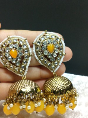 ADornAccessory White Pearl Bordered Gold Plated Long Jhumka with Kundan Brass Drops & Danglers