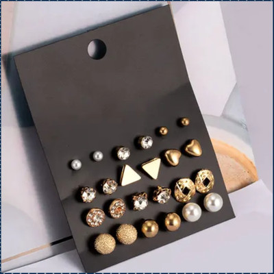 Daliva Combo of 12 Pair Golden Heart Triangle Round Pearl Stud Earrings For Women/Girls Cubic Zirconia Alloy Stud Earring
