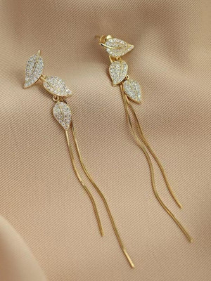 Tiso Golden Leaves with Long Chain Detachable Korean Earrings Zircon Alloy Tassel Earring