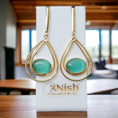 NNish Golden Oval Green Stone Brass Drops & Danglers, Jhumki Earring, Earring Set