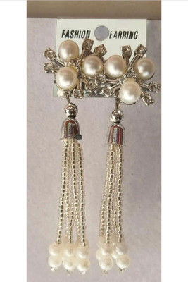 Tiijori White Moti Stylish White Pearl Drop Earrings For Women and Girls Beads, Pearl, White Zircon, Zircon Alloy, Stone Tunnel Earring