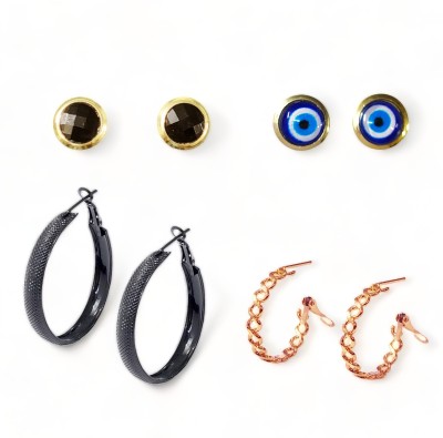 GoldNera Girls Hoops & Evil Eye Studs Fashion Earrings 4 Pairs Trending Designs Metal Stud Earring, Hoop Earring