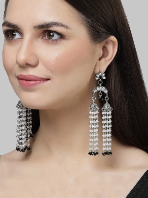 Karatcart Oxidised Silver Black Crystal and Pearl Kundan Drop Earrings for Women Alloy Drops & Danglers