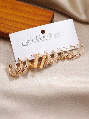 Vembley Combo of 5 Pair Geometric Twisted Pearl Alloy Hoop Earring