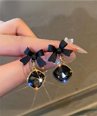 Saugaat Craft Korean Style Black Bow Crystal Drop Earring For Women Girls Western Party Wear Cubic Zirconia Alloy Drops & Danglers